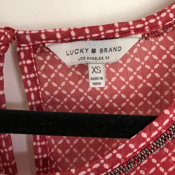 Lucky Brand Sheer Bell Sleeve Cold Shoulder Beaded Top Red White Size XS - Picture 5 of 8